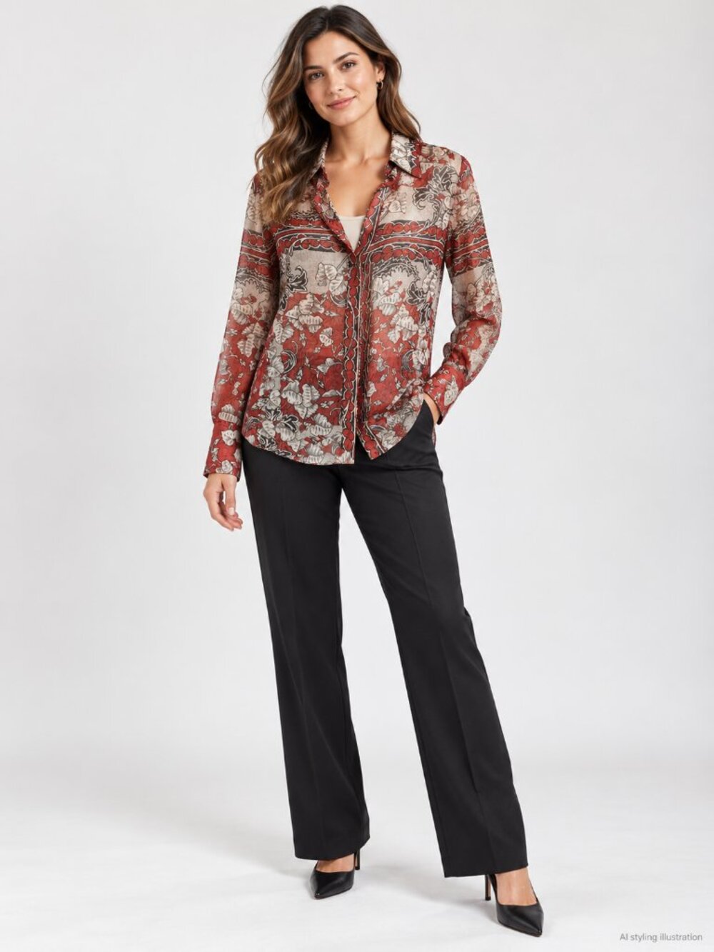 Gary Graham Silk Fall Floral Sheer Button Up Blouse 8 Boho Art to Wear